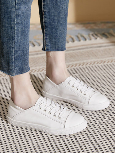 First-layer cowhide genuine leather white shoes for women  new women's shoes lace-up Korean style low-top casual sneakers for women flat