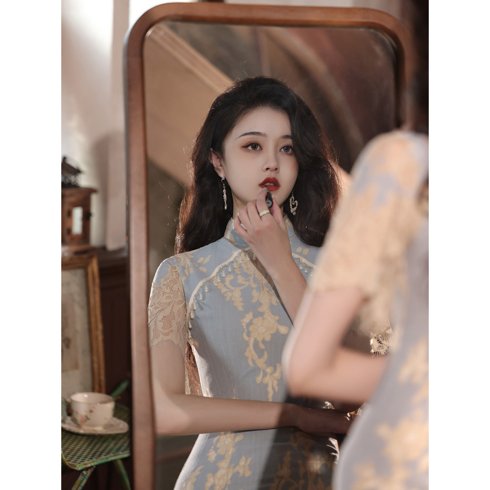 Blue lace cheongsam fairy dress, new spring 2022 style, youthful and retro Republic of China style.