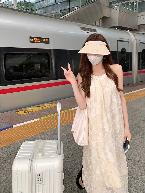 Váy liền maxi nữ cổ yếm dáng suông họa tiết hoa nổi — màu mơ