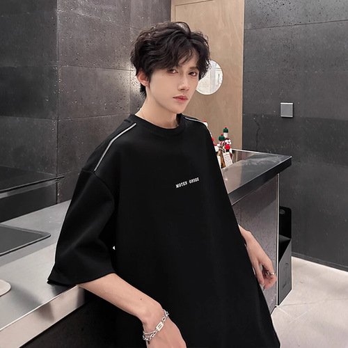 320 Heavyweight American Street Style White T-shirt for Men Trendy High-End Summer Cleanfit Short-Sleeve Shoulder-Padded Seven-Sleeve