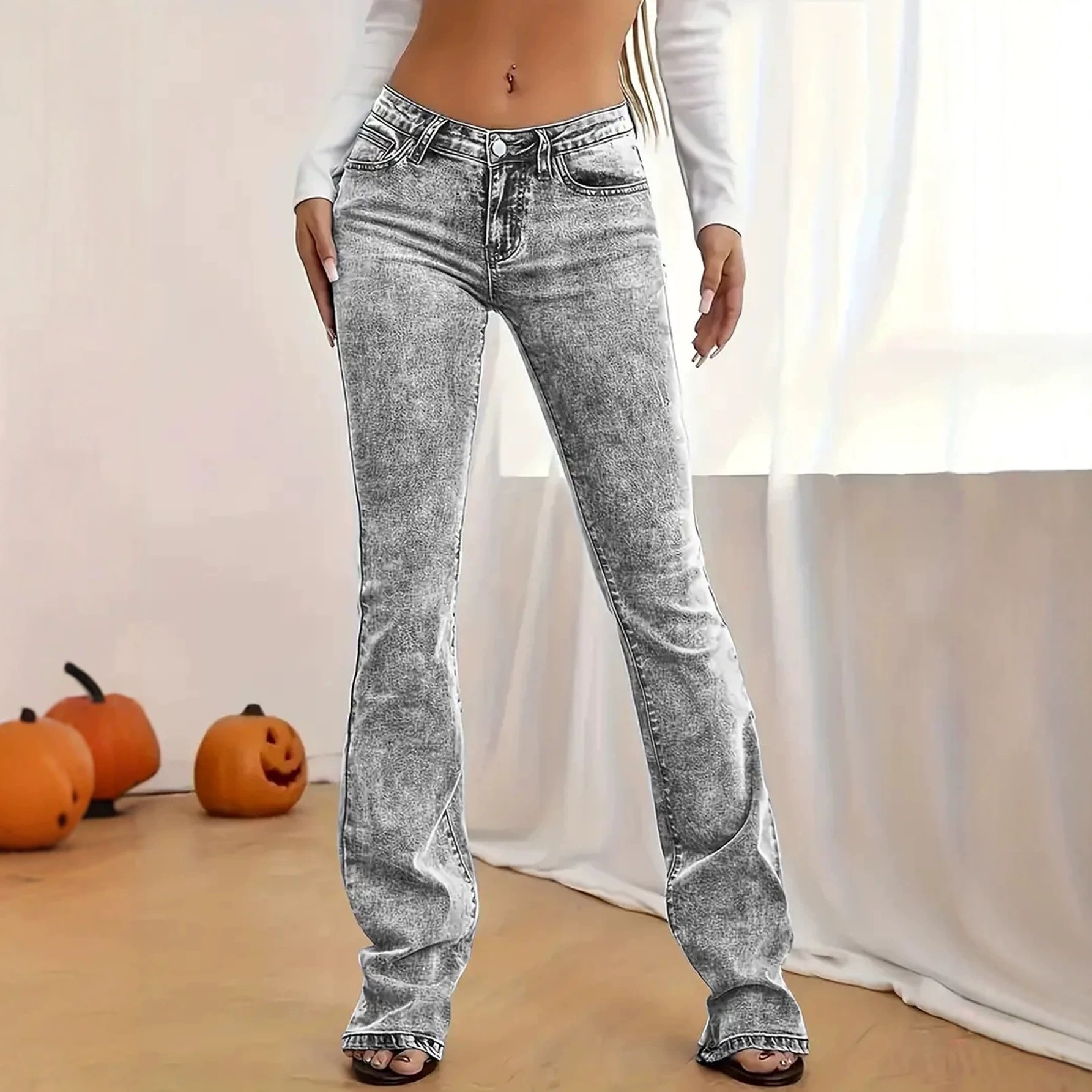 Jeans Acampanados para Mujer de Mezclilla de Algodón Cintura Media y Ligeramente Elásticos image 3