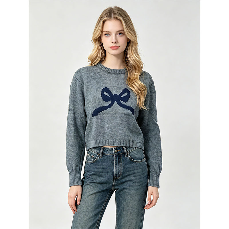 Cross-Border Source Factory Autumn and Winter Bow Jacquard Round Neck Sweater for Women, Spicy Girl Style Loose Short Knit Top
