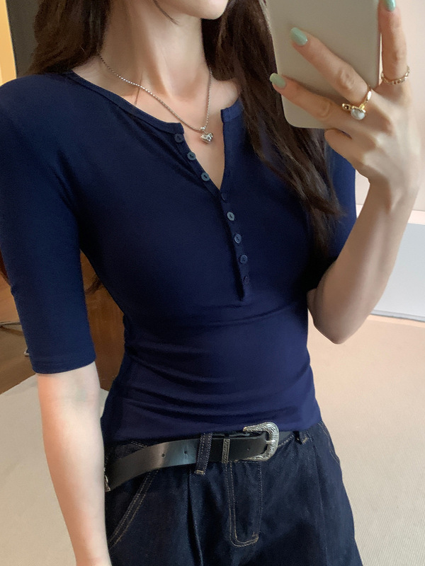 美式正肩V领紧身中袖t恤女2025夏季纯欲修身显瘦气质内搭辣妹上衣|undefined