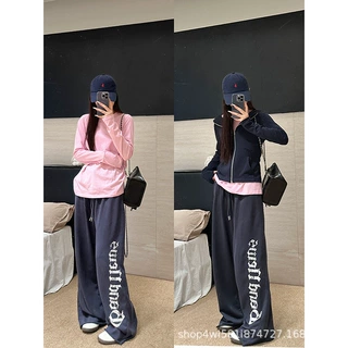 美式运动风印花卫裤女秋季新款宽松慵懒风休闲裤小个子高腰阔腿裤