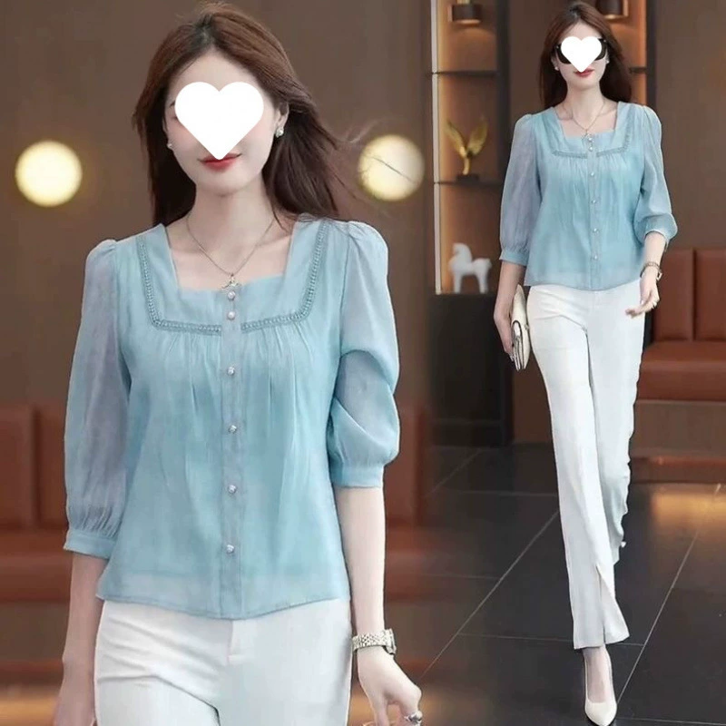 Шифоновая блузка с пышными рукавами в стиле Chanel для женщин, лето 2025, новый миниатюрный универсальный топ с квадратным вырезом, уменьшающий возраст