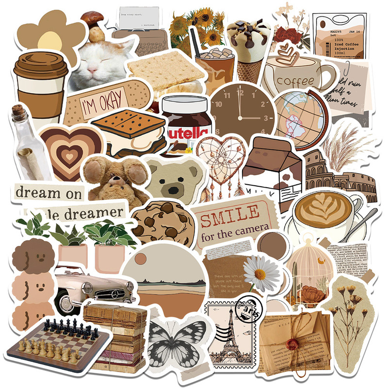 60 Brown aesthetic stickers retro ins art graffiti guitar notebook water cup waterproof stickers cute