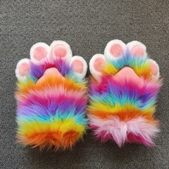 毛绒furry兽装爪子露指手套fursuitcos道具兽爪角色扮演彩虹渐变