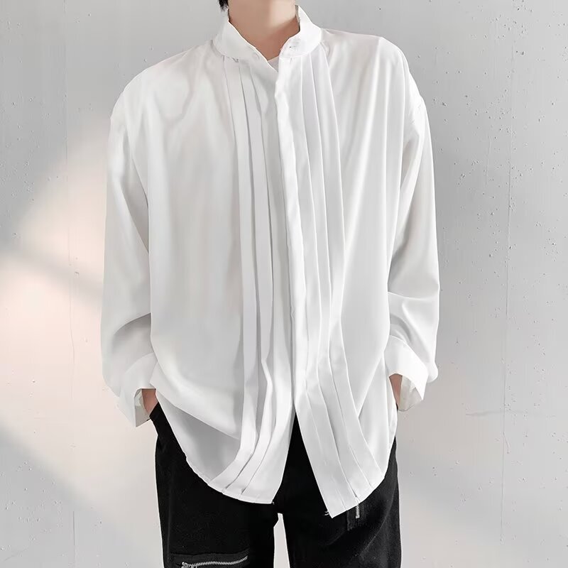 2024 Spring and Autumn White Shirt Men's Ruffled Jacket Trendy Brand Suit with New Chinese Style Long Sleeve Shirt with Vertical Collar 2024 Spring and Autumn White Shirt Men's Ruffled Jacket Trendy Brand Suit with New Chinese Style Long Sleeve Shirt with Vertical Collar