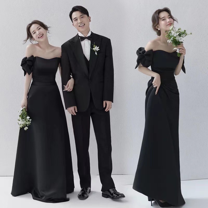French Light Wedding Black Satin Hepburn Style Studio Theme Couple Photo Bowknot Marriage Registration Small Dress_ecoleips.com