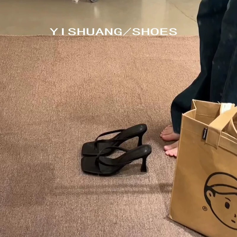 Sheepskin Version! Women's High-Heeled Flip-Flops 2026 Super Popular Versatile Comfortable Black Square-Toe Thong Sandals with Thin Heels