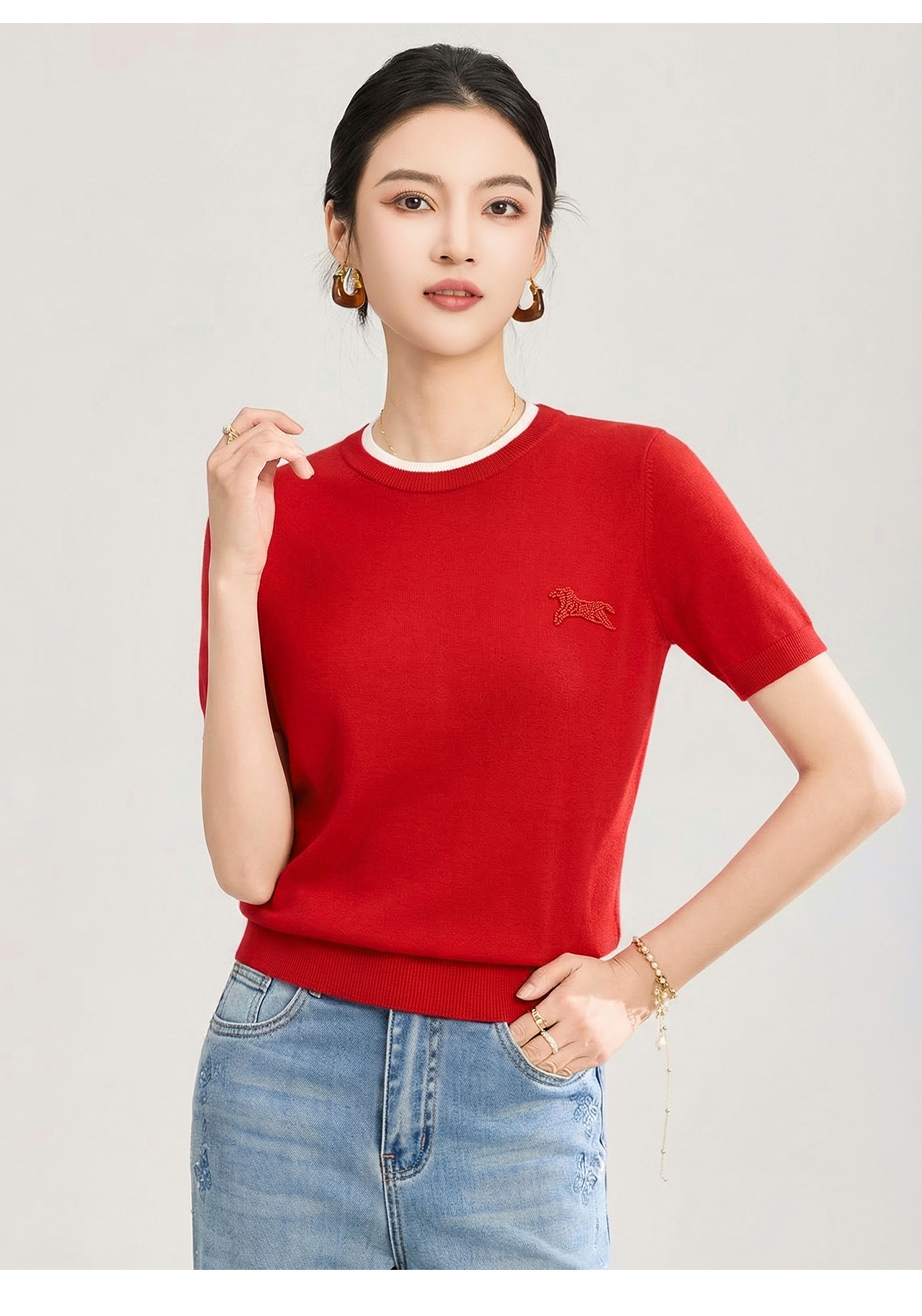 Áo thun dệt kim len merino giả hai lớp cổ tròn — màu xanh navy chi tiết 13