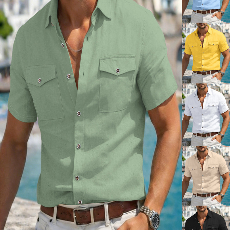 2026 Summer Cross-Border European and American Men's Linen Shirt Fashion Double-Pocket Workwear Style Solid Color Short-Sleeve Turn-Down Collar Shirt 2026 Summer Cross-Border European and American Men's Linen Shirt Fashion Double-Pocket Workwear Style Solid Color Short-Sleeve Turn-Down Collar Shirt