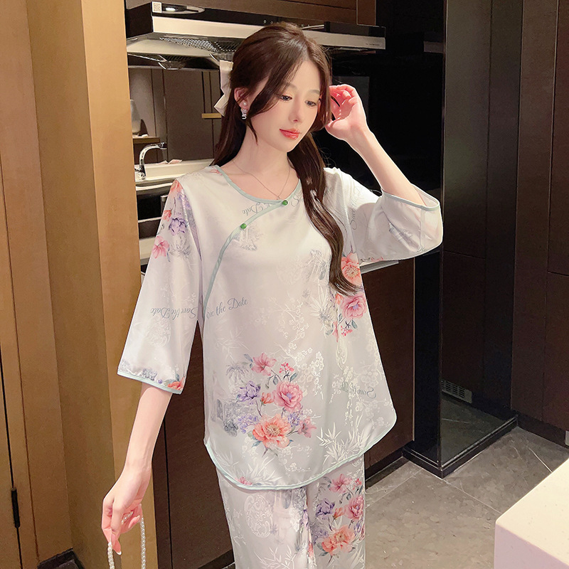 2023 New Pajamas Women's Summer National Style Chinese Two-piece Suit Silk Ice Silk Home Clothes Valentine's Day Gift