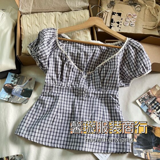 BM Style Three-button Plaid Bubble Sleeve Short-sleeved Shirt Women's American-style Slim-fit Shirt Short Top