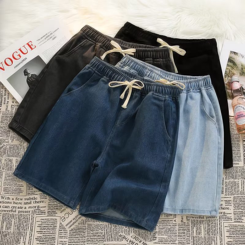 Elastic waist Denim shorts men's summer thin loose straight pants Korean style bf trendy casual cropped pants