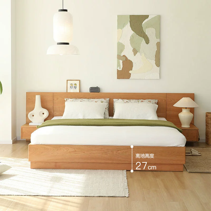 Двуспальная кровать из цельного дерева в скандинавском стиле с вишневым деревом, светлая роскошная двуспальная кровать в главной спальне, Современная Минималистичная японская Свадебная кровать татами