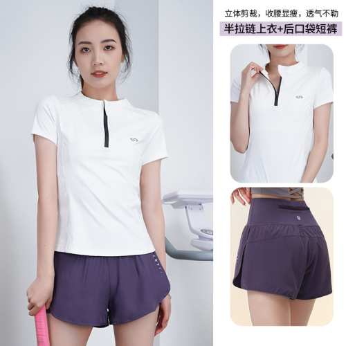 2024 Summer Viral Body Controlling Fitness Clothes for Women, High-End Half-Zip Yoga Short-Sleeve Top Running Sports Set
