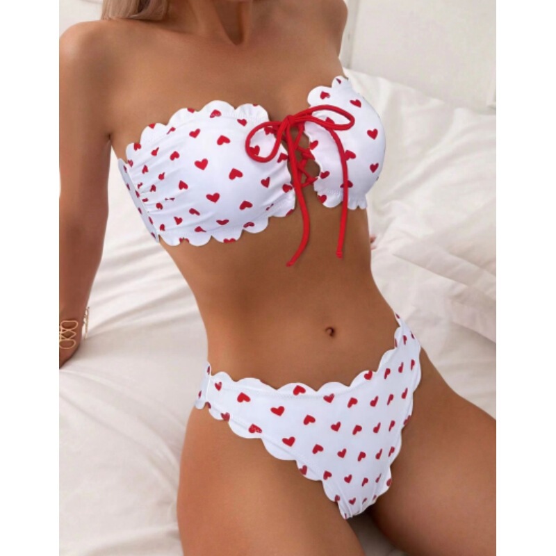 2024 Cross-Border New Split Tube Top Swimsuit for Women Retro Heart Bikini Small Fresh Sexy Cross-Border Bikini