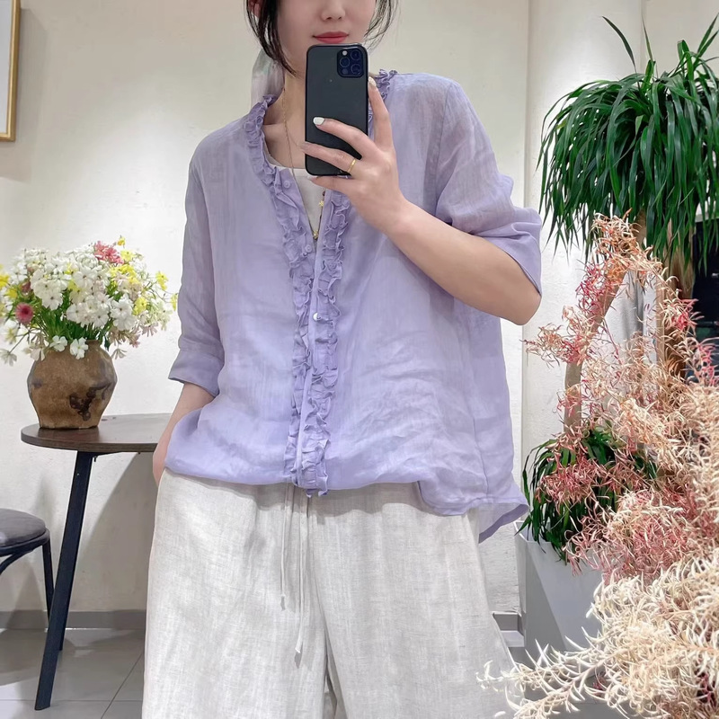 2026 Spring New Style Ramie Long Sleeve Shirt with Patchwork Ruffle Edge V-Neck Plain Fresh Ramie Cardigan Shirt