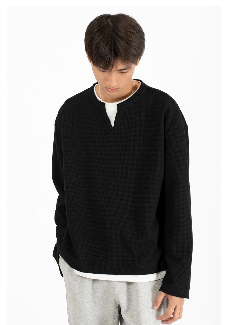 Men's Waffle Knit Henley Long Sleeve T-shirt Casual Pullover_voghion.com