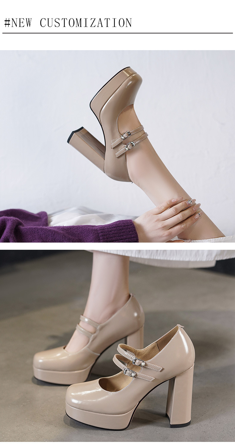 Giày cao gót nữ Mary Jane đế xuồng platform mũi vuông quai đôi khóa, gót 9 cm — màu trắng ngà, màu nude chi tiết 5