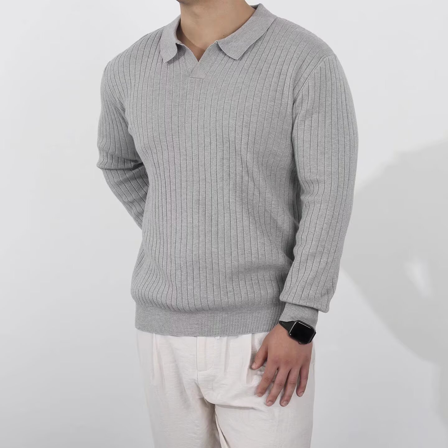 Men's Long Sleeve Polo Shirt Autumn Style Solid Color Striped Trendy Simple Sporty Fitness Lapel Knit Sweater_viptrois.com