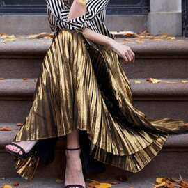 速卖通亚马逊跨境2026春夏百褶蛋糕半身裙金属亮丝高腰纯色中长裙