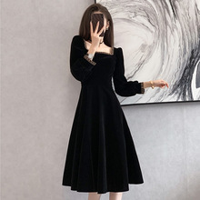 小黑裙晚礼服裙女春秋季显瘦轻奢小个子宴会气质高端金丝绒连衣裙