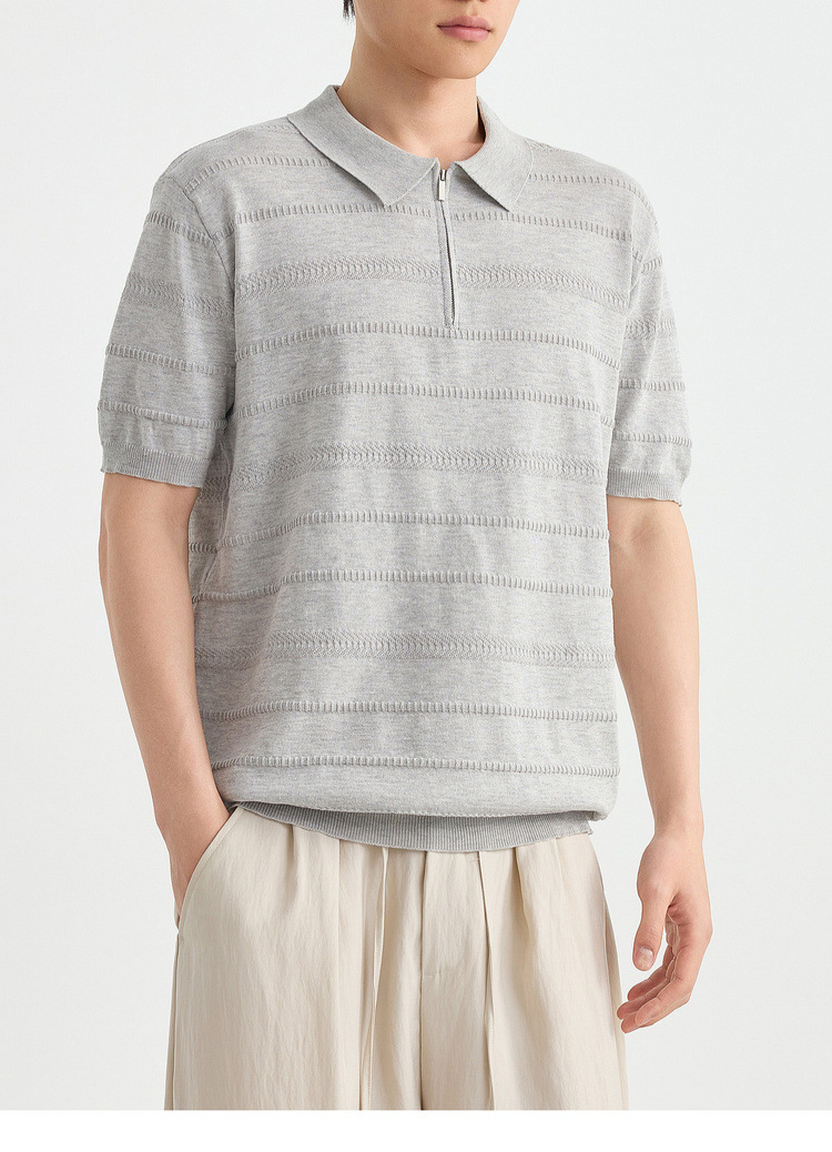 Áo polo nam tay ngắn cổ bẻ phối khóa kéo một nửa, chất liệu dệt kim hoa văn jacquard — đen chi tiết 18