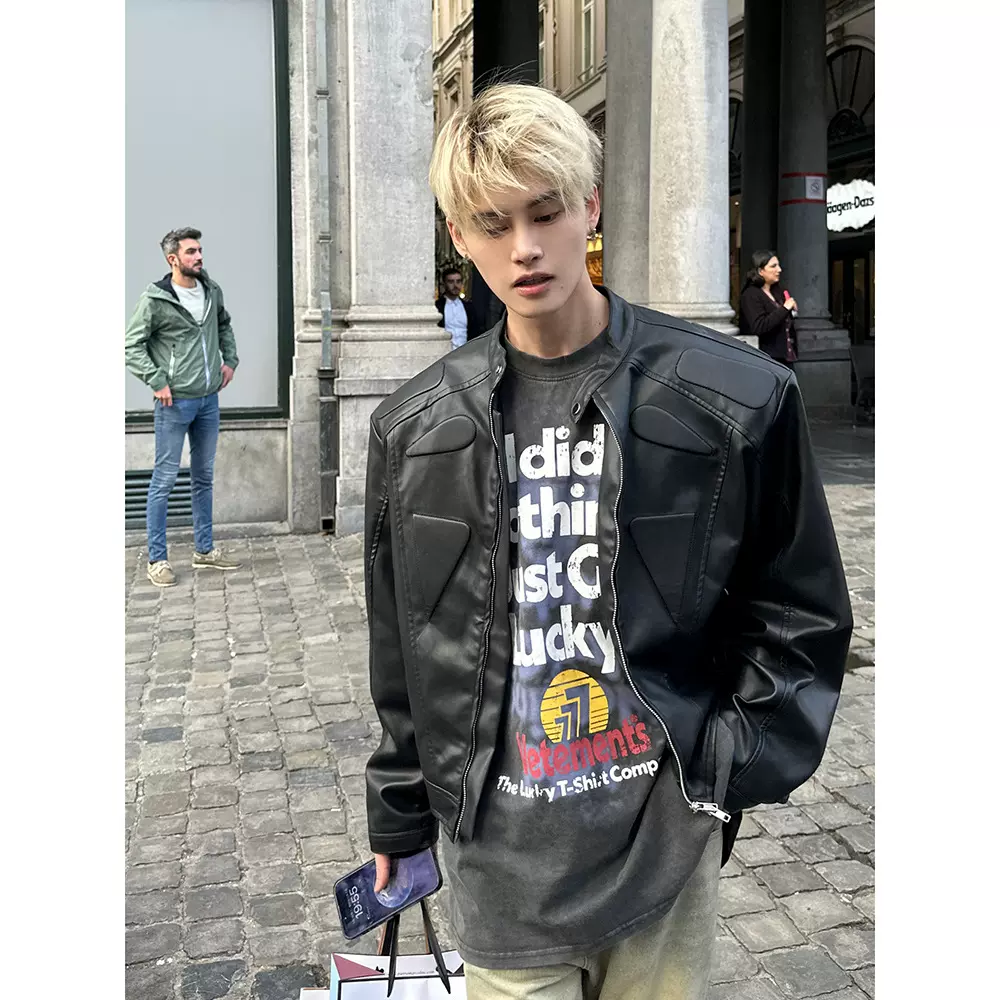 小众结构设计高级感机车夹克男炸街宽松潮流休闲百搭皮衣外套上衣