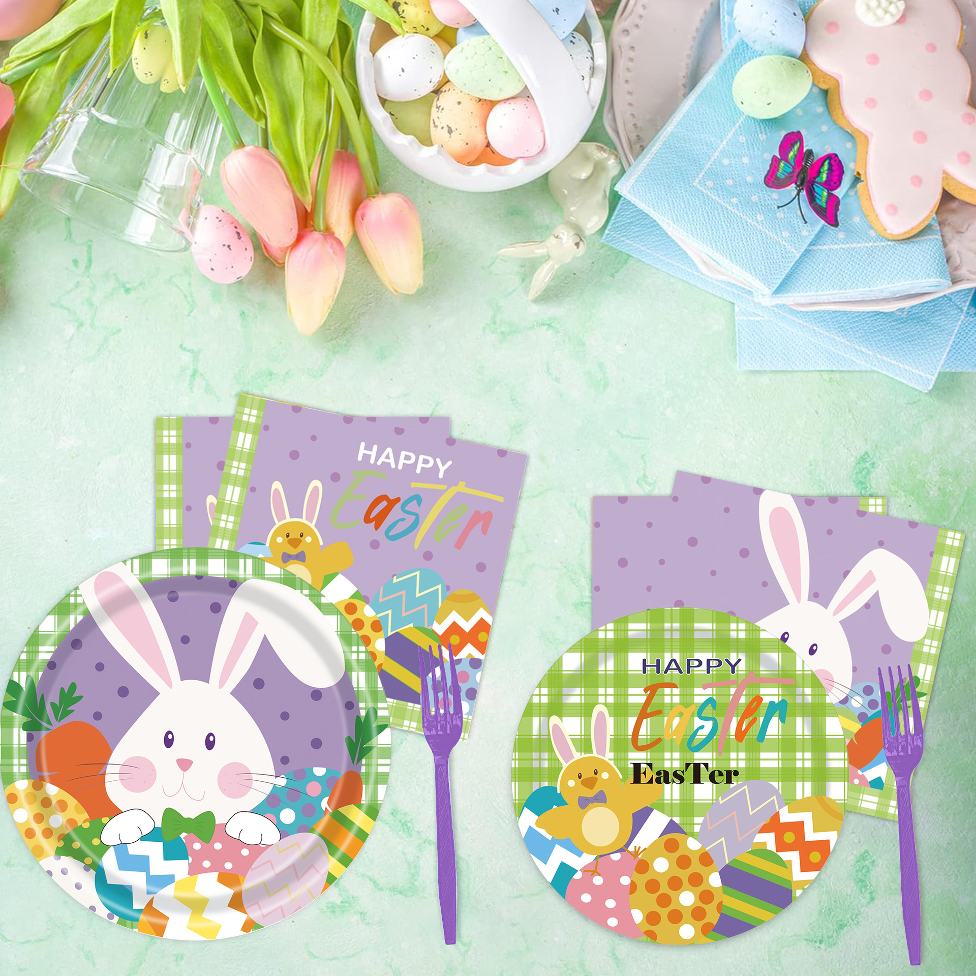 Pascua conejo púrpura huevo tema vacaciones suministros desechables papel placa decoración mantel partido vajilla