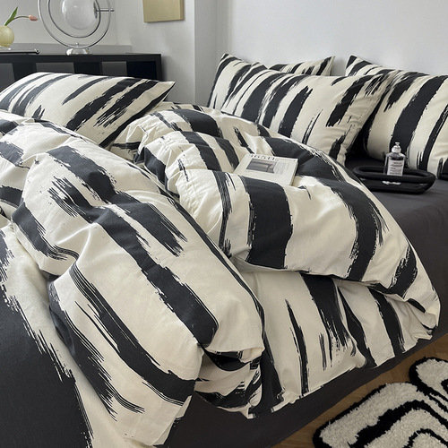 Nordic simple cotton four-piece set 2024 spring striped quilt cover Nantong 40-count cotton bed sheet quilt cover three-piece set