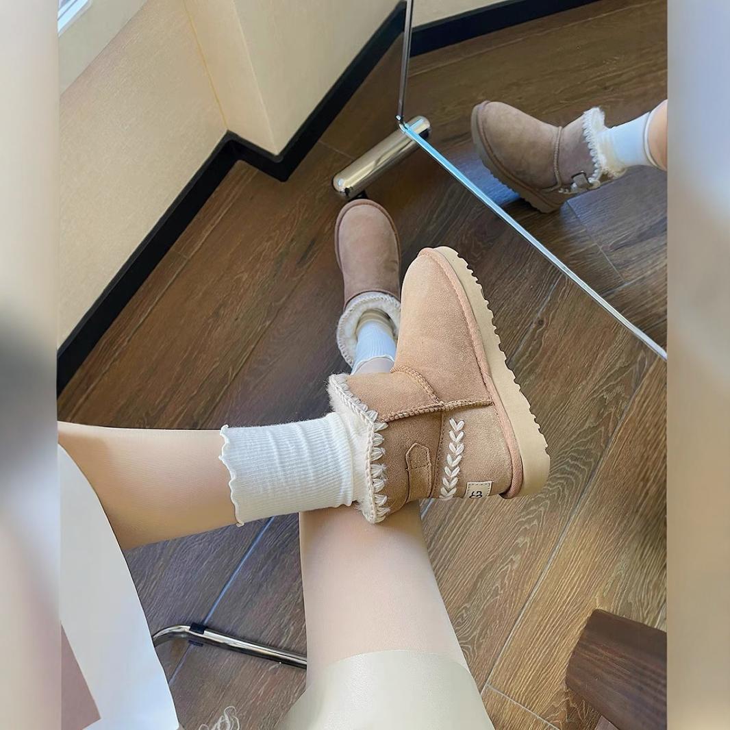 2025年冬新作 ファー一体型編み込みバックル付き厚底ウールブーツ ショートコットンシューズ 保温スノーブーツ レディース