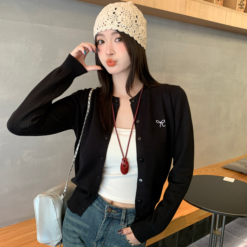 黑色圆领蝴蝶结针织开衫女外搭2025早春季新款薄款外套打底小上衣
