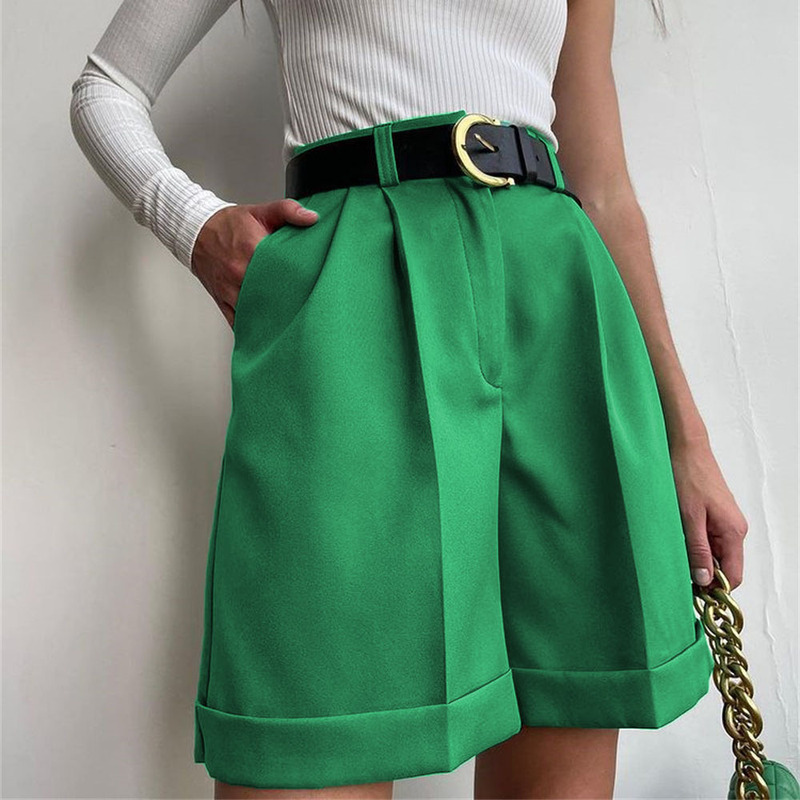 2022 Summer European and American Suit Shorts Women's Turn-up Pocket Zipper Hidden Buckle Solid Color Fashion Casual Pants Straight Shorts 2022 Summer European and American Suit Shorts Women's Turn-up Pocket Zipper Hidden Buckle Solid Color Fashion Casual Pants Straight Shorts