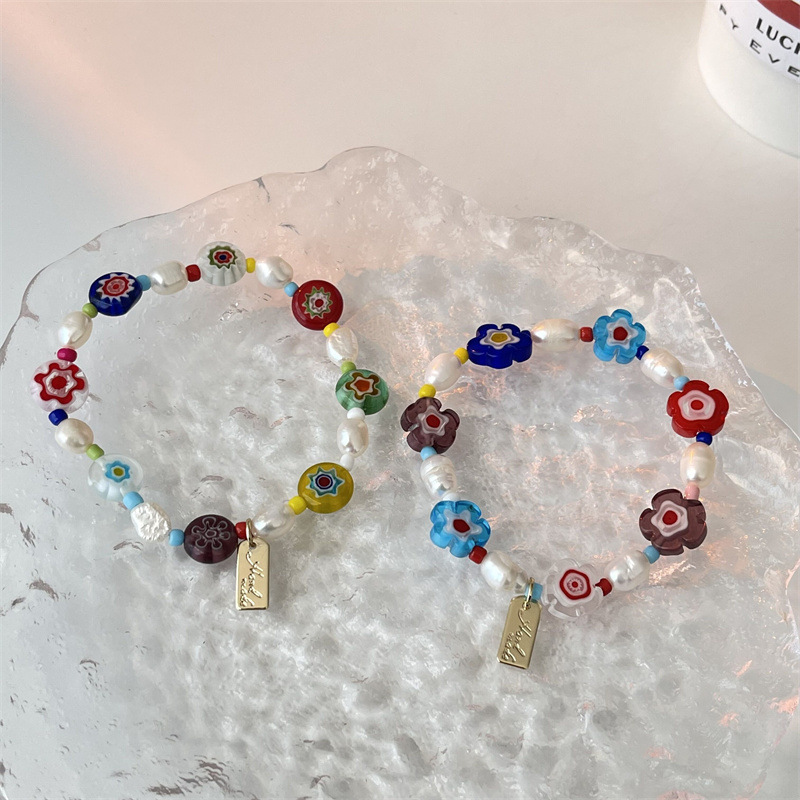 Vacation Flower Imitation Pearl Glass Copper Bracelets