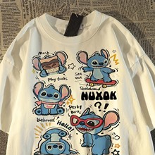 日系可爱卡通史迪仔纯棉短袖t恤女男夏季宽松学院风减龄半袖上衣