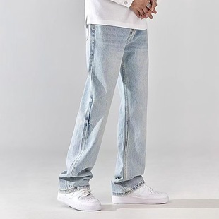 American High Street Washed Light-Colored Jeans for Men, Trendy Brand, Handsome, Loose, Straight-Leg, Drapey Floor-Length Pants for Men