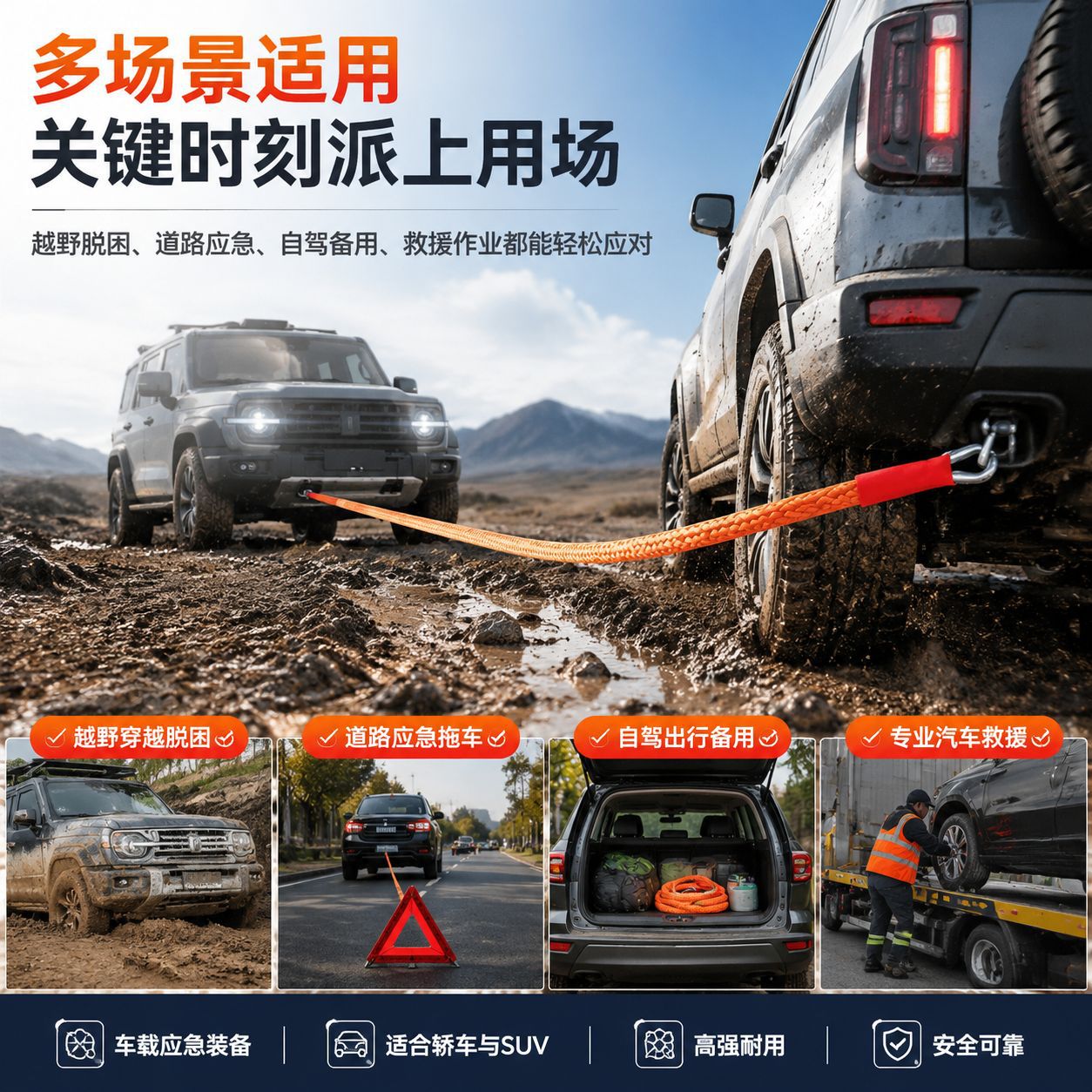 Cross-Border Custom-Made Off-Road Anti-Collision Car Rescue Towing Rope, 35-Ton Towing Rope, Thickened and Durable Towing Rope