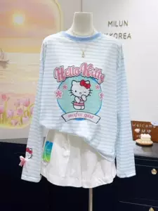 เสื้อยืดแขนยาวผ้าบาง ลายแมวน้อยลดอายุ สีฟ้าครีม ลายทาง สำหรับผู้หญิง ป้องกันแสงแดด ไซส์ใหญ่ ฤดูใบไม้ร่วง
