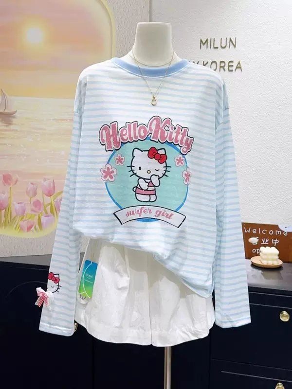 เสื้อยืดแขนยาวผ้าบาง ลายแมวน้อยลดอายุ สีฟ้าครีม ลายทาง สำหรับผู้หญิง ป้องกันแสงแดด ไซส์ใหญ่ ฤดูใบไม้ร่วง