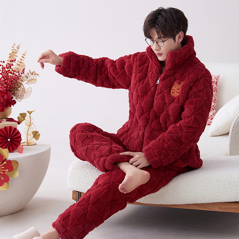 Pijamas de los hombres de invierno de coral de lana de tres capas traje acolchado 2023 nueva franela de invierno de los hombres más tamaño homewear