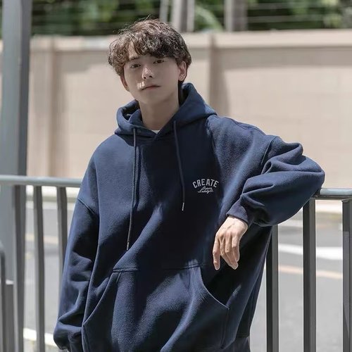 Cobalt Blue Heavyweight Sweatshirt for Men, Japanese Cityboy Style, Padded Hooded Sweatshirt, American Retro Oversize Student Jacket