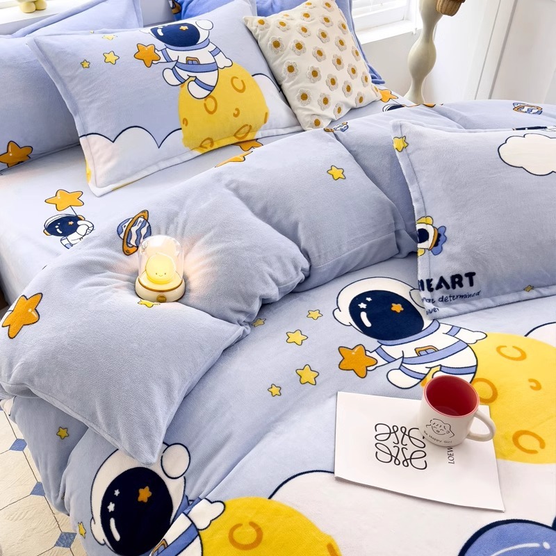 Cubierta de edredón de lana de leche de invierno de dibujos animados para niños pieza individual 150x200 terciopelo de coral más terciopelo grueso 1.5 juego de cama de cuatro piezas