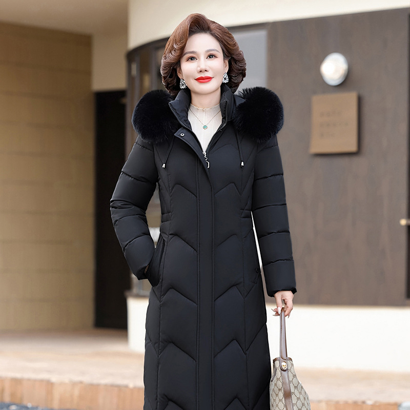 High-End Quality Winter Cotton-Padded Jacket, Same Style as Department Store, Extra-Long Over-The-Knee Length, Stylish Women's Coat with Fur Collar for Mothers