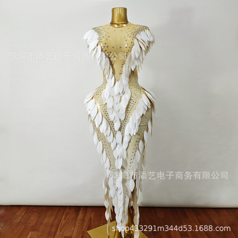 3D three-dimensional feathered rhinestone fishtail long dress, see-through mesh stage costume, pageant, runway, nightclub party dress