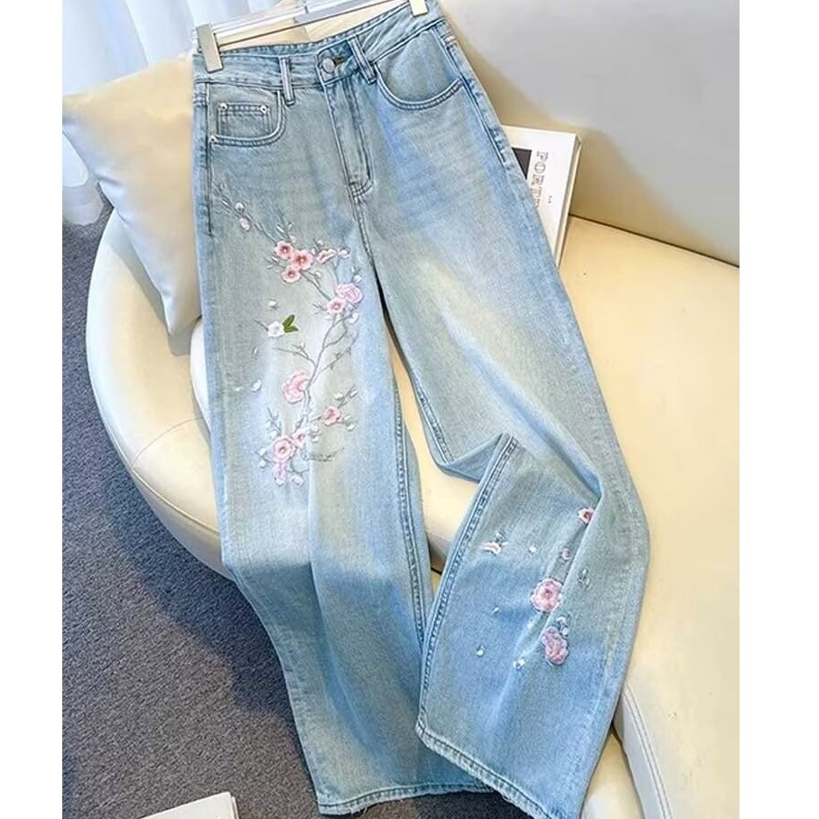 Chinese Style Light-Colored Jeans for Women 2025 New High-Waisted Narrow Straight Pants Embroidered Girls Narrow Wide-Leg Pants