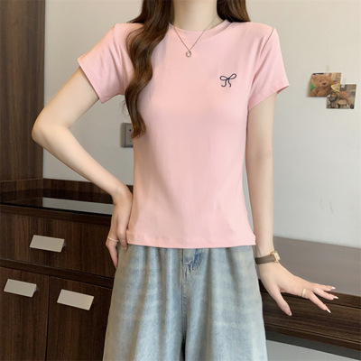 grey T-shirts Short sleeved T-shirt summer bow Embroidery half sleeve senior Self cultivation jacket