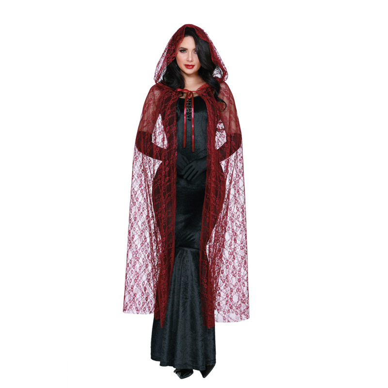 ホット販売ハロウィンブラックレースフード付き魔女マントショール薄いストラップ超ロングマントダークスタイル|undefined