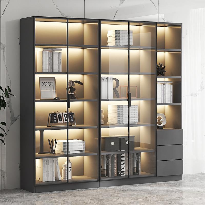 Living Room Full-Wall Multi-Layer Bookshelf Wooden Display Cabinet with Glass Door for Displaying Wine and Storing Books, Light Luxury Bookcase
